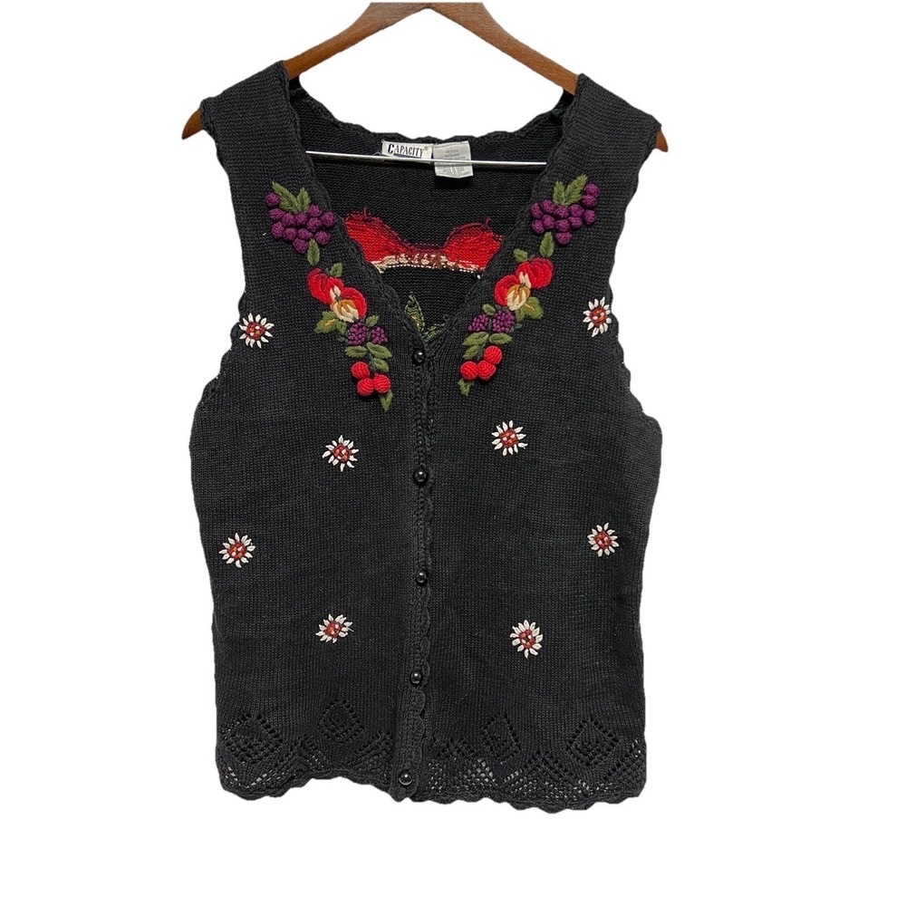 VTG 90s Sweater Knit Vest Cardigan Medium 3D Fruit Basket Grandmacore Granny